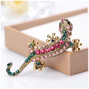 Brooch Lizard Gecko Brooch Retro Personality Pink & Green Rhinestones Whimsical